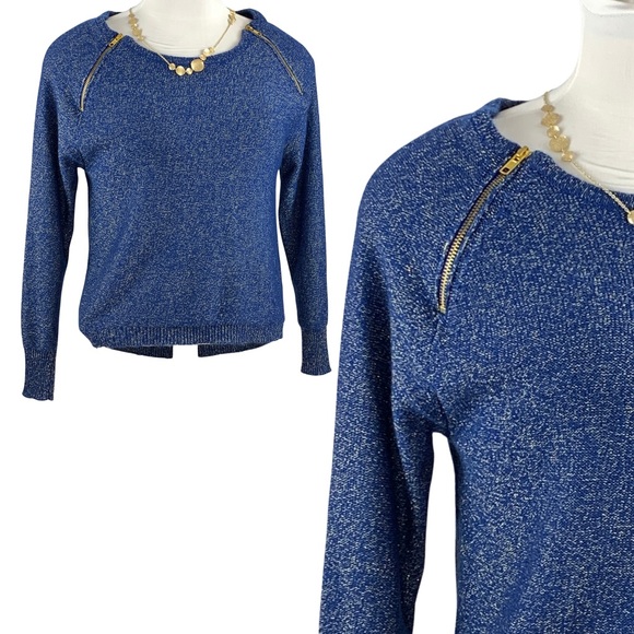 Bisou Bisou Sweaters - BISOU BISOU Blue w/ Metallic Zippered Shoulders Long Sleeve Sweater size Large